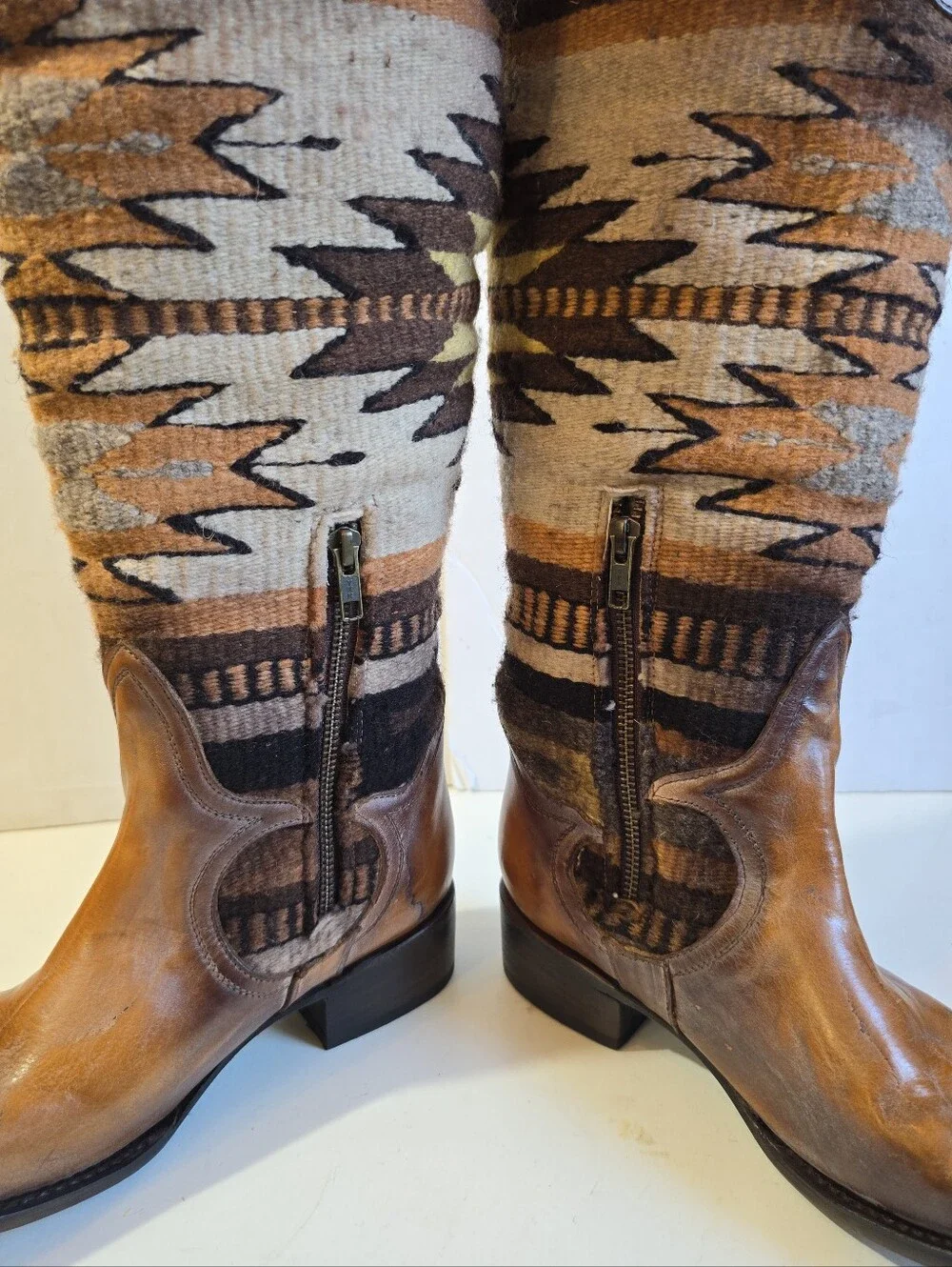 Freebird By Steven Sun Brown Leather and Aztec-Pattern Tall Boots Size 8